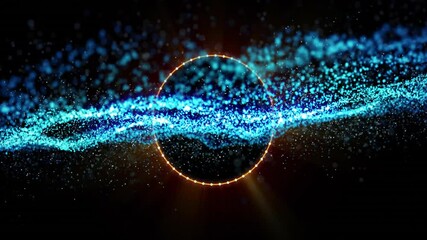 Poster - Digital abstract scene showing glowing blue cyan particles streaming through golden dotted circle