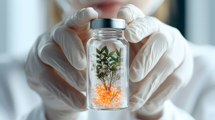 Poster - a scientist holds a vial with a plant inside suggesting scientific advancements in biology and medic