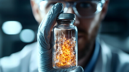 Poster - a scientist holds a glass vial containing a glowing substance possibly nanotechnology or new materia