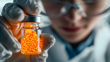 Poster - scientist holds a vial containing a glowing substance potentially a breakthrough in medicine or rese