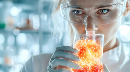 Poster - a scientist examines a glowing sample in a lab. the image is suggestive of scientific research exper