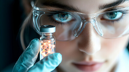 Poster - a scientist holds a vial with a glowing molecular structure. this image symbolizes medical research 