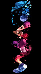 Poster - A colorful painting of a woman's face with a long, curvy line. The painting is abstract and has a dreamy, surreal feel to it