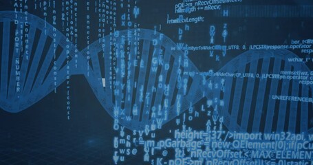 Poster - Translucent blue 3D DNA helix stretching, cascading glowing code streams across grid in 3D render