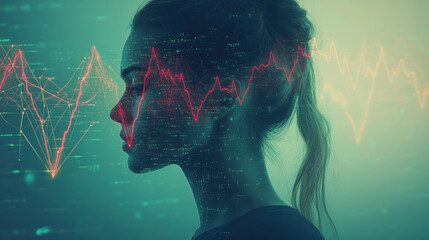 Poster - A woman's face is shown in a computer generated image with a red line running through her nose. The image is a representation of the brain