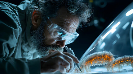 Poster - a scientist examines glowing organisms in a futuristic lab setting. this image is suitable for scien