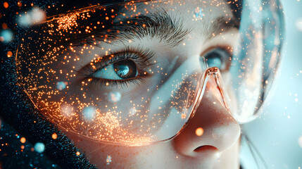 Poster - a close-up shot of an eye with futuristic elements such as sparkling lights and a futuristic visor. 