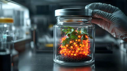 Poster - a vibrant jar displays a plantlike structure engulfed in glowing particles. its containment suggests