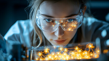 Poster - a scientist examines glowing particles. the scene suggests research innovation. it could be used in 