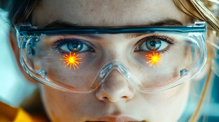 Poster - a close up shot of a woman's face wearing safety glasses. the image contains glowing orange light ef
