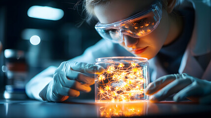 Poster - scientist examines a glowing substance in a jar. science experiment concept using light and technolo