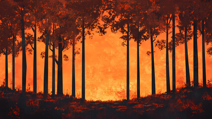 Wall Mural - Illustrated orange forest at dusk, with trees glowing softly in a sunset-lit landscape, creating a warm, inviting scene. [Mechanical Forests] | Twilight Woods | dusky forests. Illustration