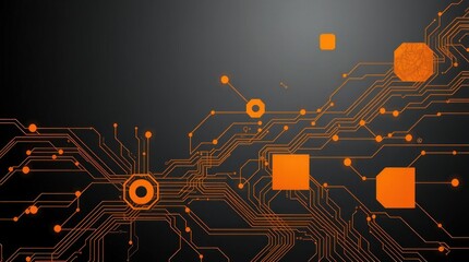 Aufkleber - Abstract digital circuitry design with glowing orange lines and shapes on dark background