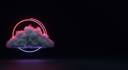 Poster - Neon Cloud Encircled: Abstract Digital Art of a Cloud within Glowing Pink and Purple Rings Against a Dark Background