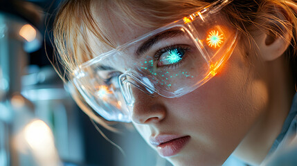 Poster - a futuristic image showing a person wearing high-tech glasses. the glasses display data overlayed on