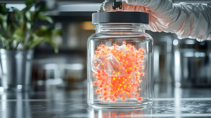 Poster - a laboratory image depicts a jar containing a bioluminescent cluster of viruses. it could represent 