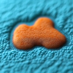 an orange furry shape resting on a textured turquoise surface