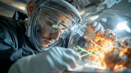 Poster - a scientist examines an object in a sealed dome. the futuristic setting implies biohazard containmen