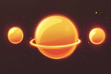 hot, glowing planets with a ring in space three orbs of vibrant orange-yellow light are set against 