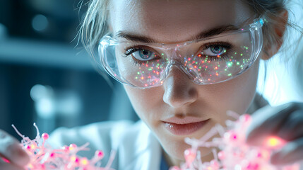Poster - a scientist examines glowing objects through safety glasses. suggesting applications in futuristic t