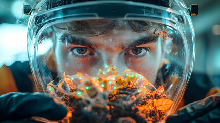 Poster - a person with a clear helmet examines a small plant arrangement. it conveys futuristic exploration a