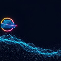Poster - Neon Cloud Computing Abstract Background: Digital Landscape with Glowing Cloud Icon and Particle Waves