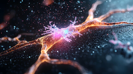 Poster - an artistic depiction of a neuron firing with vibrant colors and particles. ideal for educational pr