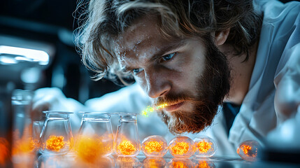 Poster - a scientist intently examines glowing orbs in a lab setting. the image evokes scientific discovery a