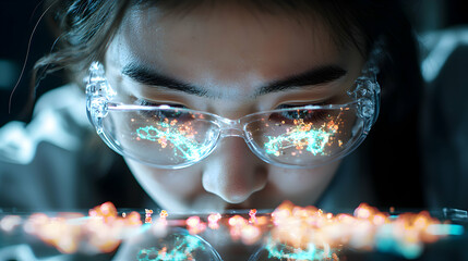 Poster - a scientist examines molecular structures reflected in protective eyewear. the image suggests biotec