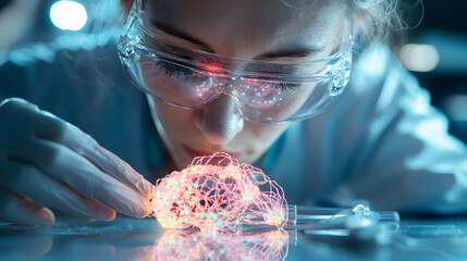 Poster - a scientist examines a glowing brain model wearing safety glasses. this image suggests advanced neur