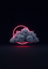 Poster - Enigmatic Cloud Formation Illuminated by a Glowing Neon Circle in a Dark Setting A Surreal 3D Render