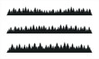 © Maddy - Three horizontal rows of dense pine and fir tree silhouettes in black vector style, evenly spaced against a white background