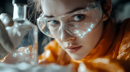 Poster - a scientist peers intently into a vial wearing protective goggles that illuminate network-like patte