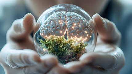 Poster - A person cradles a glass orb containing a brain with glowing synapses and miniature plants. Represents the interconnectedness of mind nature and consciousness. Consider for science education.