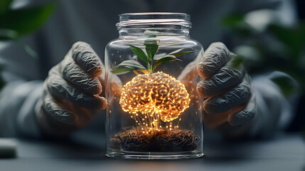 Poster - a glowing brain inside a jar symbolizes cognitive enhancement and artificial intelligence. useful fo