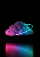 Poster - Neon Cloud Dreamscape: A Surreal 3D Render of a Cloud Encircled by Vibrant Pink and Teal Neon Lights