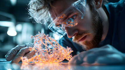 Poster - a scientist examines a glowing structure through safety glasses. it suggests research in biology che