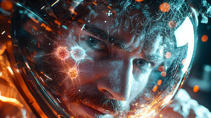 Poster - Futuristic astronaut in a helmet with glowing viruses. Perfect for sci-fi book covers or tech-themed marketing materials.