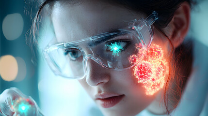 Poster - a scientist examines illuminated molecules suggesting medical research or scientific analysis. could