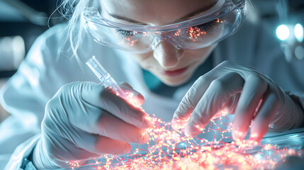 Poster - a scientist in a lab examining illuminated fibers wearing gloves and safety glasses. useful for scie