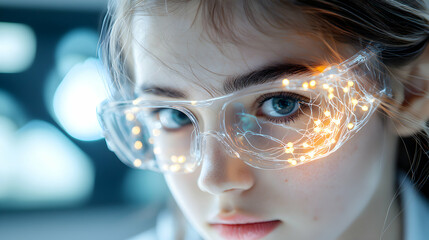 Poster - a futuristic portrait showcases a woman wearing transparent glasses with glowing circuits. potential