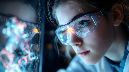 Poster - A scientist wearing safety glasses examines a futuristic display. Could be used for biotech or research lab promotion.