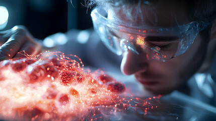 Poster - scientist examines glowing structures. it could represent nanobots or a microscopic world. this imag