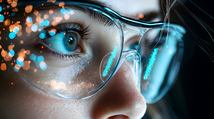 Poster - close-up of eye with futuristic glasses. suggests augmented reality or digital interface. suitable f