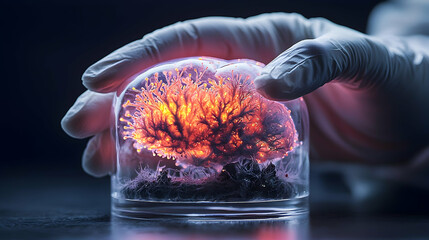 Poster - an image depicts a glowing brain in a glass container held by gloved hands. suggests research on the