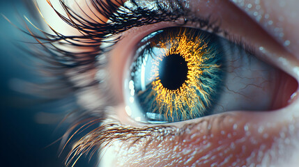 Poster - Close-up of a mesmerizing eye. The iris glows with intricate golden details suggesting advanced technology or a fantastical element. Ideal for science fiction art.