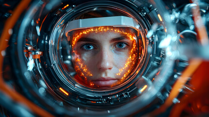 Poster - futuristic portrait inside a machine. sparks light a face with blue eyes. suitable for science ficti