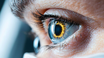 Poster - A striking image of a futuristic eye. This could be used for sci-fi design or visual effects showcasing enhanced human vision. It evokes mystery and technology.