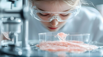 Poster - scientist examines cell culture in a lab setting. great for illustrating biotechnology research tiss
