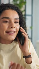 Poster - Phone call, happy and businesswoman in office for contact, negotiation or deal for client. Commmunication, cellphone and financial manager on mobile discussion for investment plan in workplace.